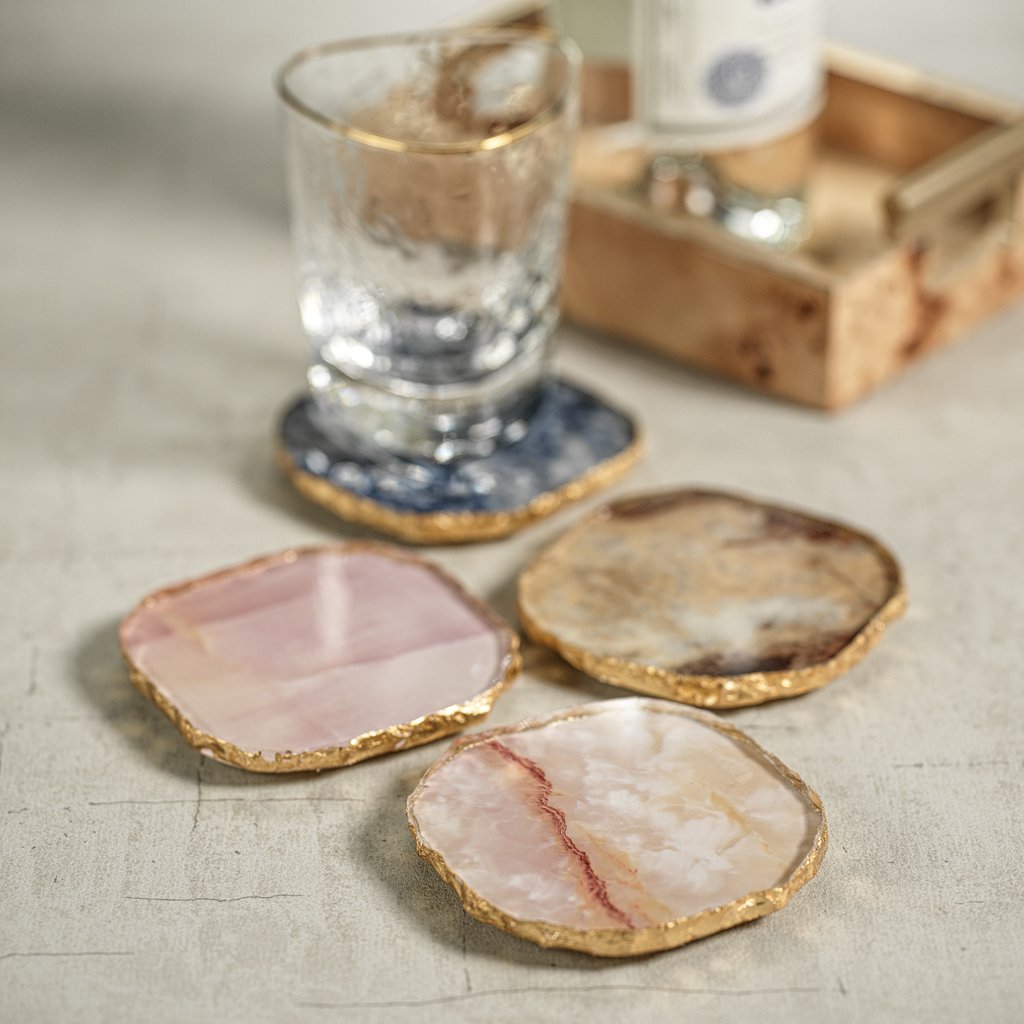 Agate Marble Glass Coaster w/Gold Rim