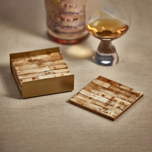 S/4 Antique Brown & Gold Bone Coasters in Metal Tray