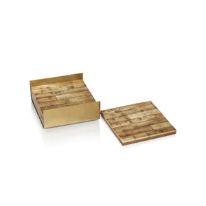 S/4 Antique Brown & Gold Bone Coasters in Metal Tray