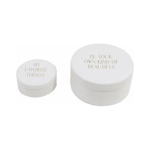 Round White w/Gold Text Stoneware Containers
