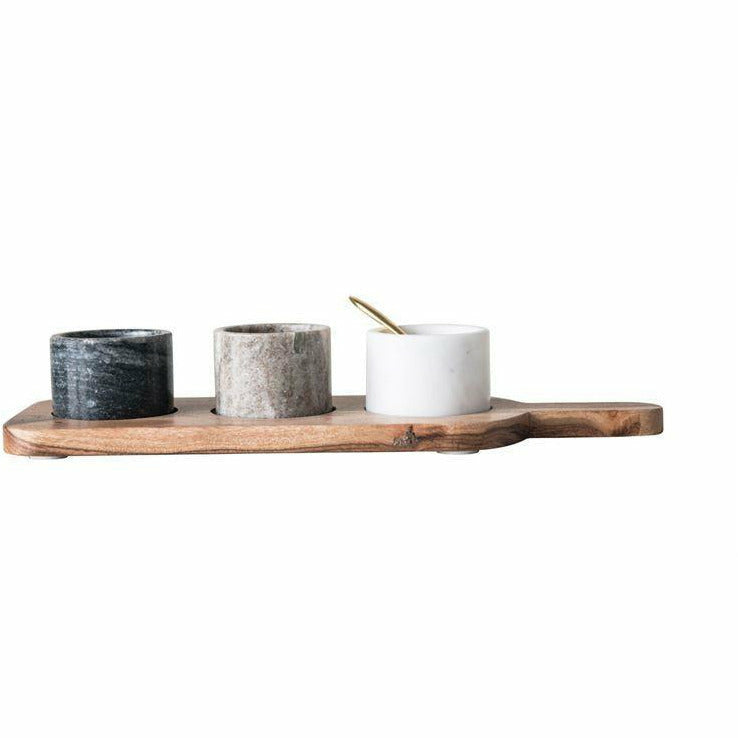 Wood Board w/3 Marble Pinch Pots & Spoon