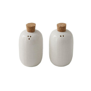 Embossed White Ceramic Salt & Pepper Shakers w/Cork Stoppers