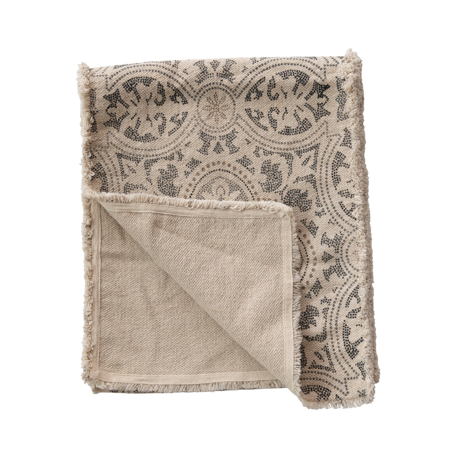 Gray & Cream Cotton Printed Table Runner w/Frayed Edge