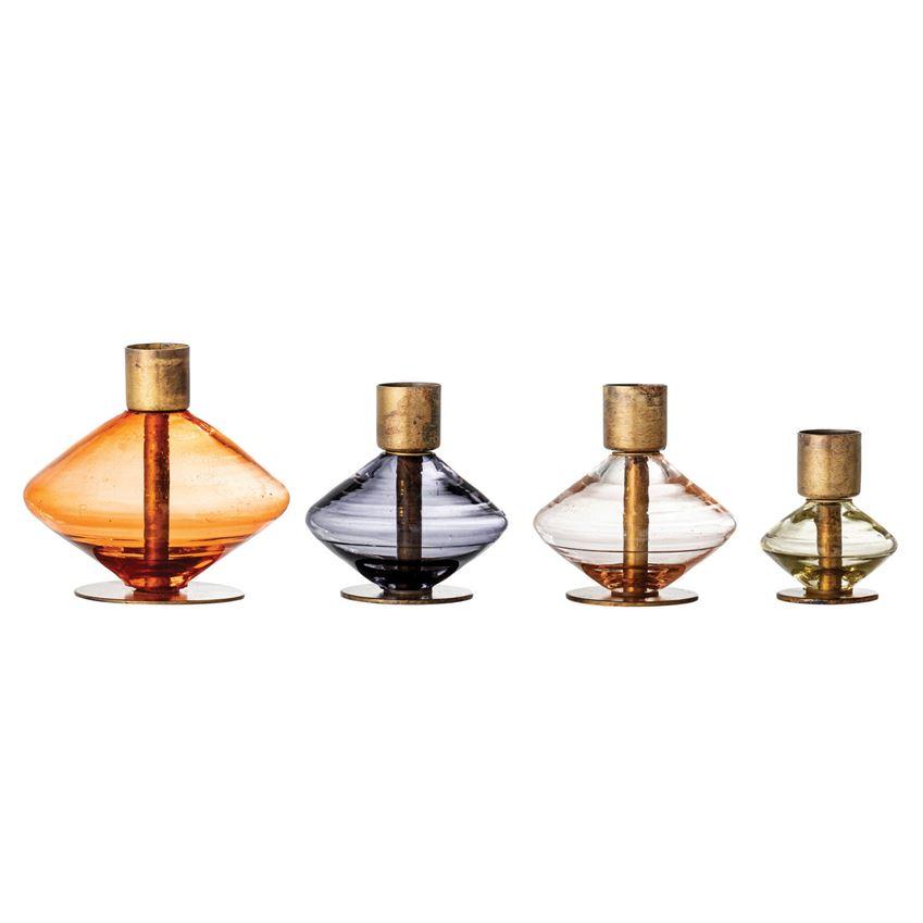 S/4  Multi Color Blown Glass w/Antique Brass Finish Metal Taper Holder