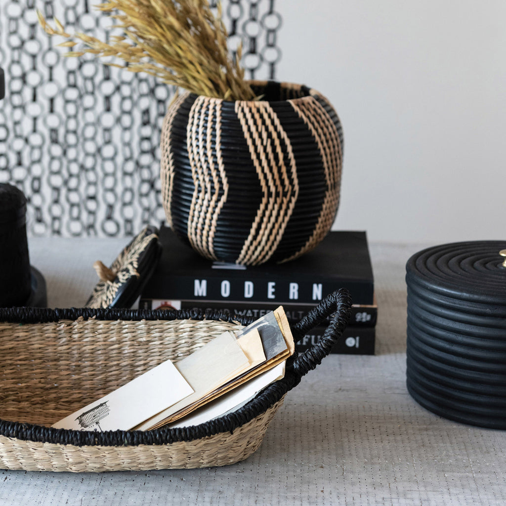 Natural Black Trimmed Seagrass Basket w/Handles