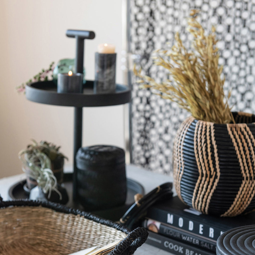 Natural Black Trimmed Seagrass Basket w/Handles