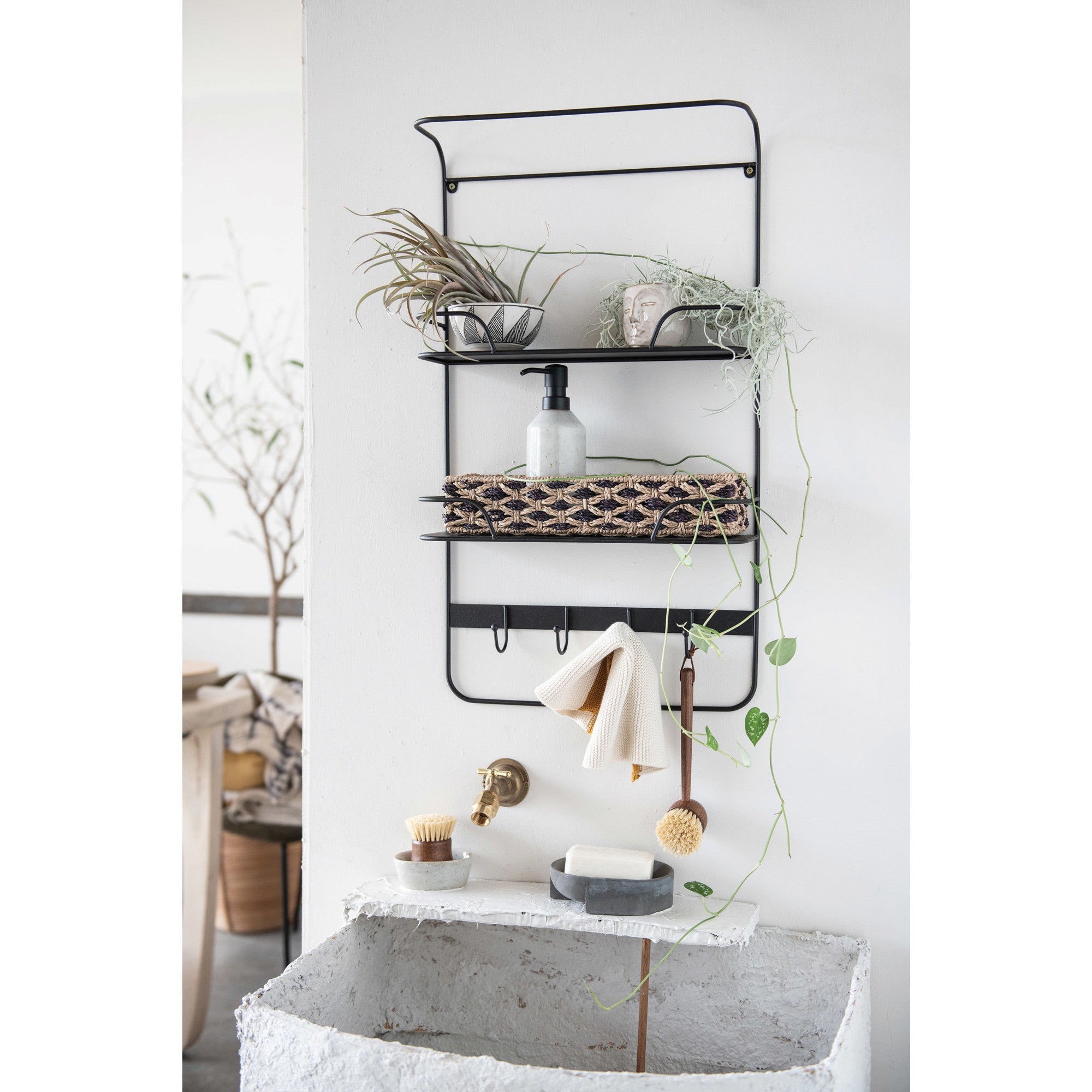 Black & Natural Hand-Woven Seagrass & Metal Basket