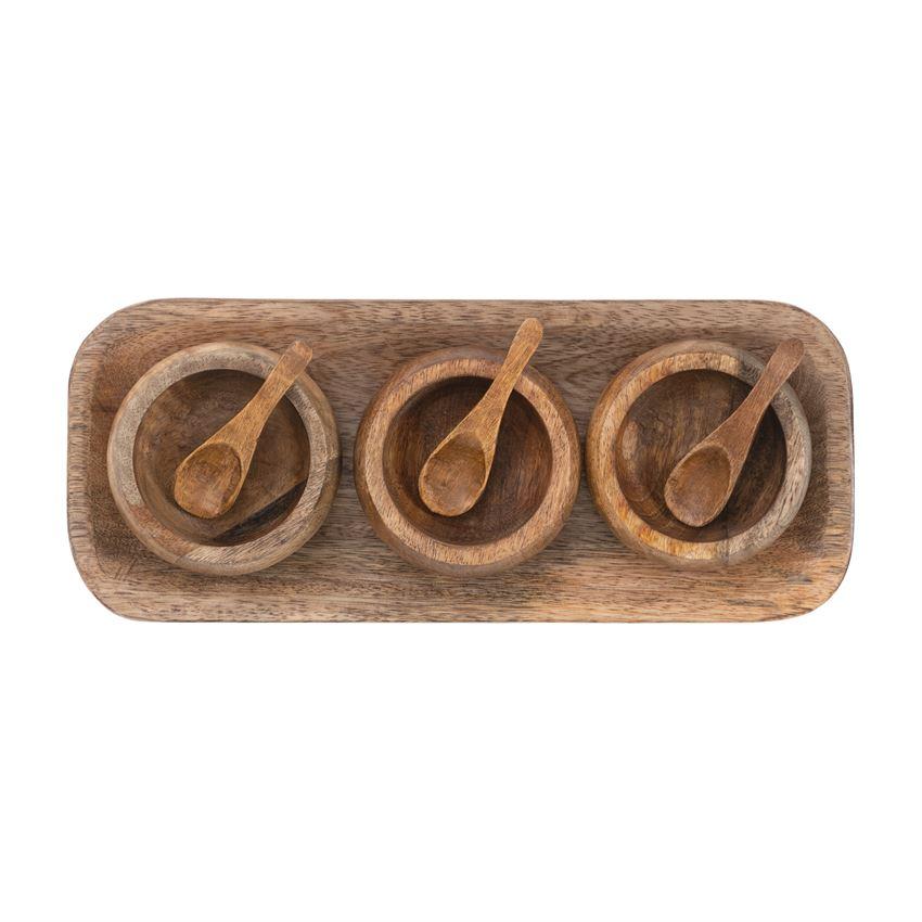 Mango Wood Tray w/3 Bowls & 3 Spoons