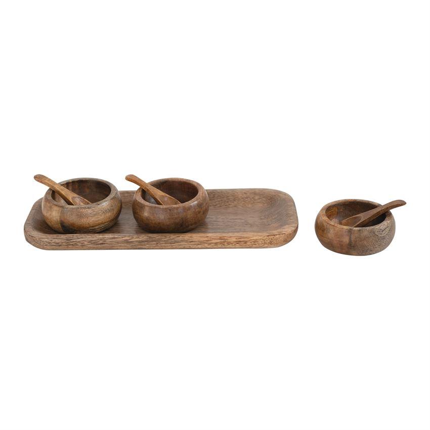 Mango Wood Tray w/3 Bowls & 3 Spoons
