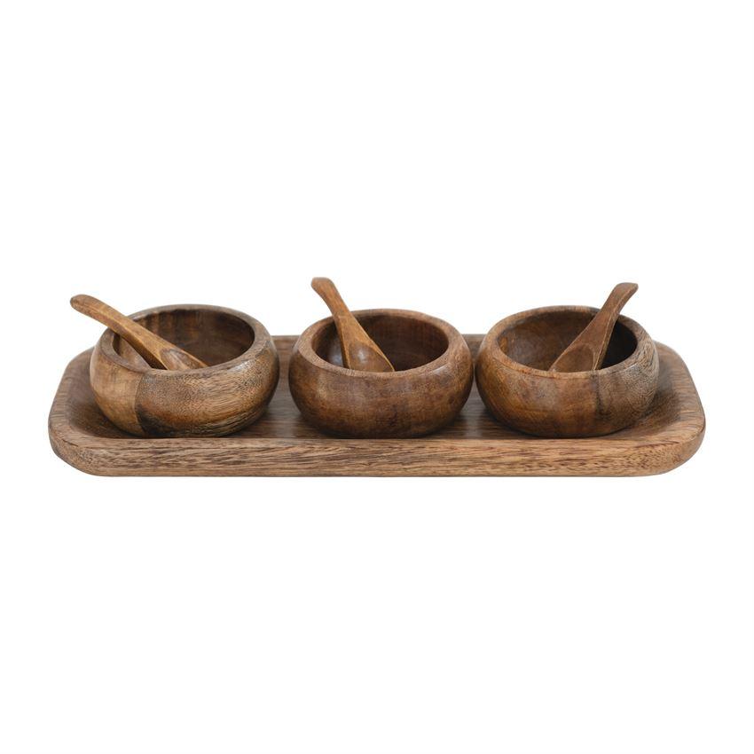 Mango Wood Tray w/3 Bowls & 3 Spoons