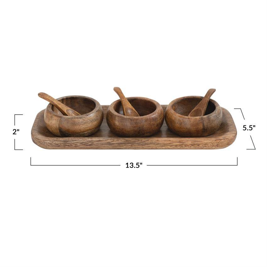 Mango Wood Tray w/3 Bowls & 3 Spoons