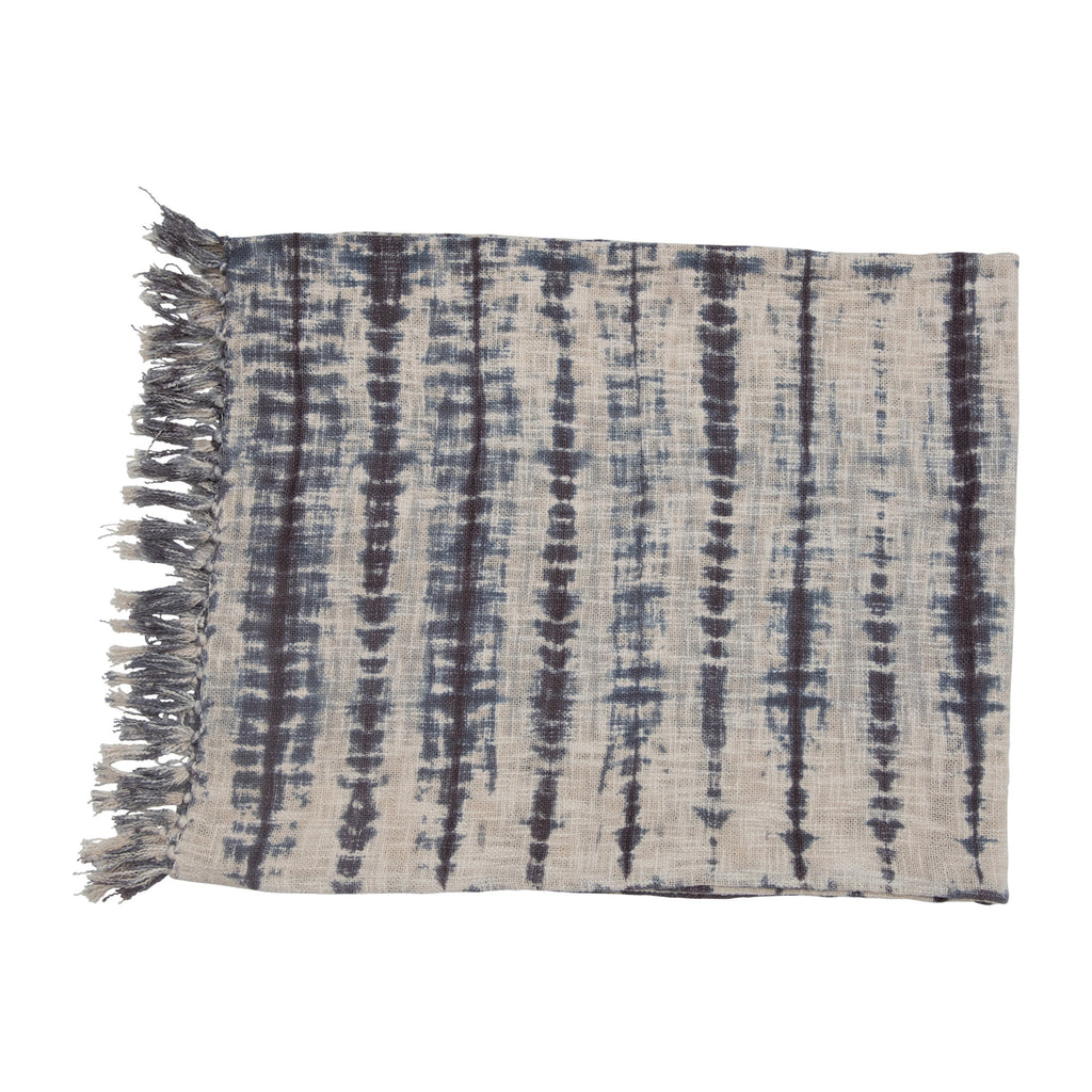 Blue & Cream Cotton Tie-Dyed Slub Throw w/Fringe