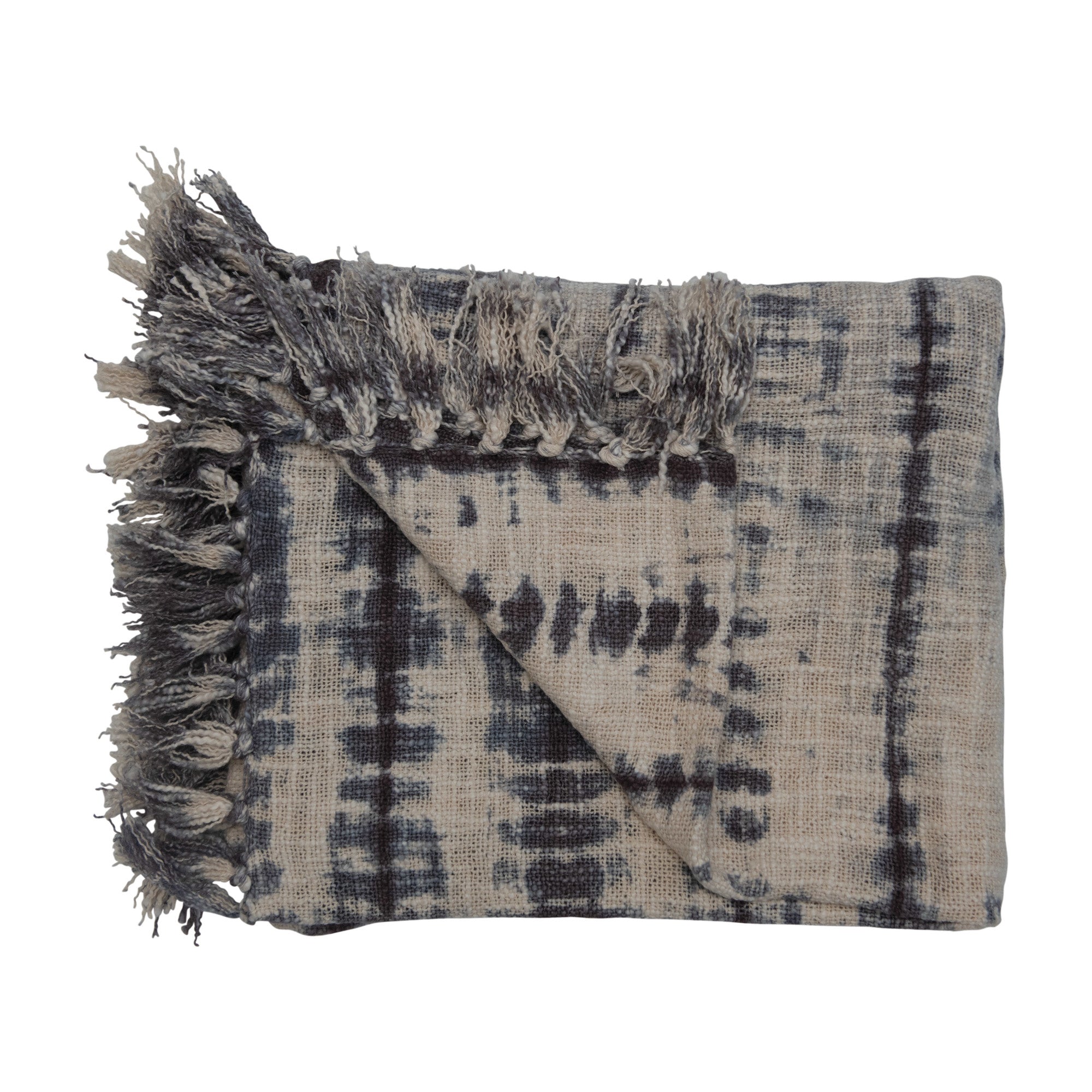 Blue & Cream Cotton Tie-Dyed Slub Throw w/Fringe