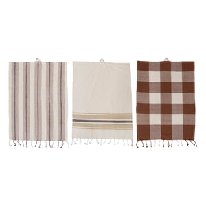 Maroon & Cream Woven Cotton Yarn Dyed Tea Towel w/Tassels