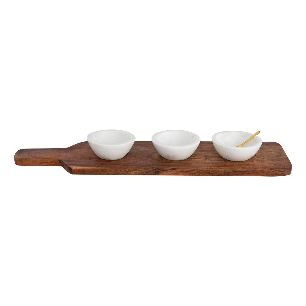 Handled Wood Tray w/3 White Marble Bowls & Stainless Steel Spoon
