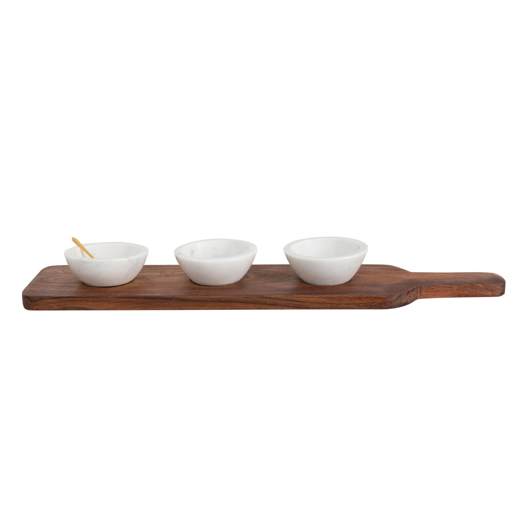 Handled Wood Tray w/3 White Marble Bowls & Stainless Steel Spoon