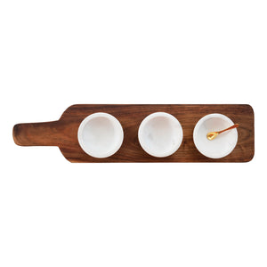 Handled Wood Tray w/3 White Marble Bowls & Stainless Steel Spoon