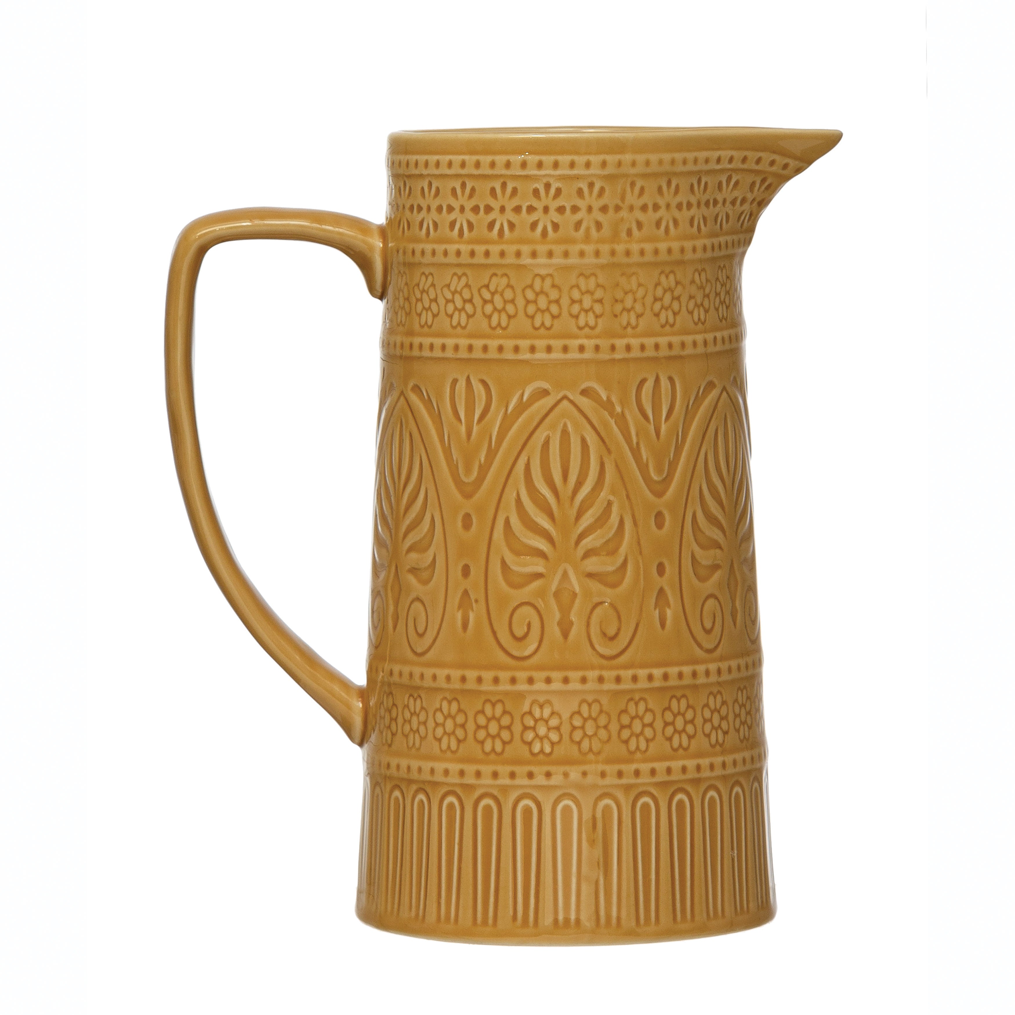 Mustard Color Crackle Glazed Debossed Stoneware Pitcher