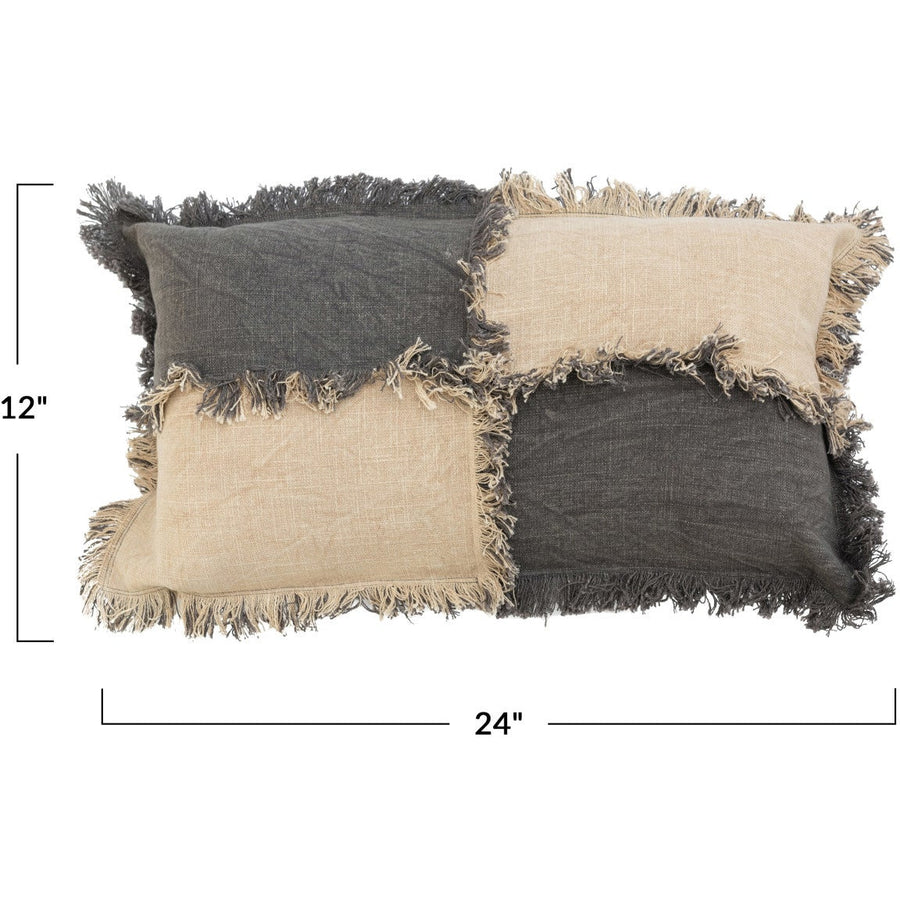 Beige & Charcoal Woven Cotton Slub Color Block Lumbar Pillow w/Fringe