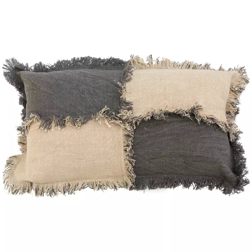 Beige & Charcoal Woven Cotton Slub Color Block Lumbar Pillow w/Fringe