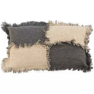 Beige & Charcoal Woven Cotton Slub Color Block Lumbar Pillow w/Fringe