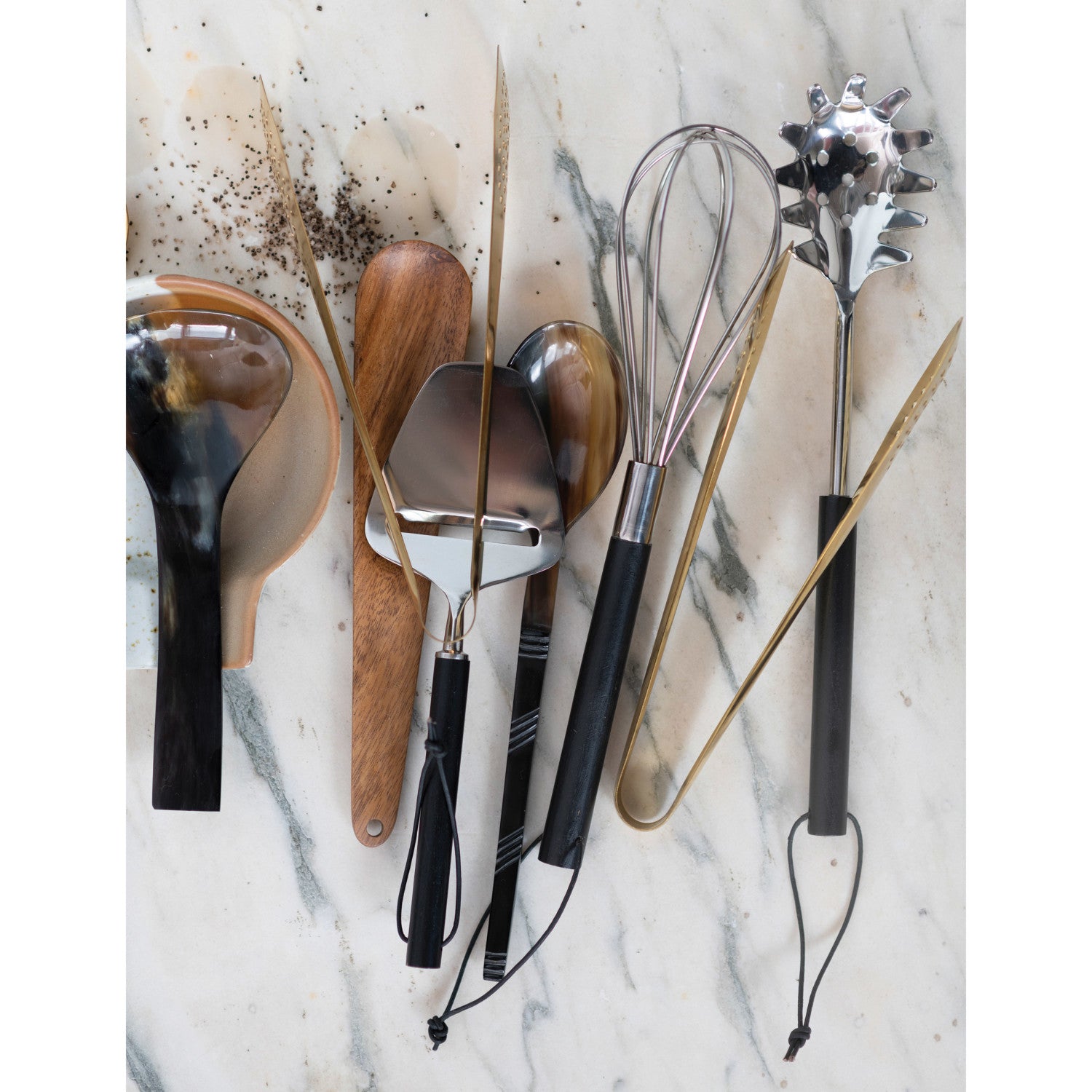 Stainless Steel Utensils w/Black Mango Wood Handle & Leather Tie