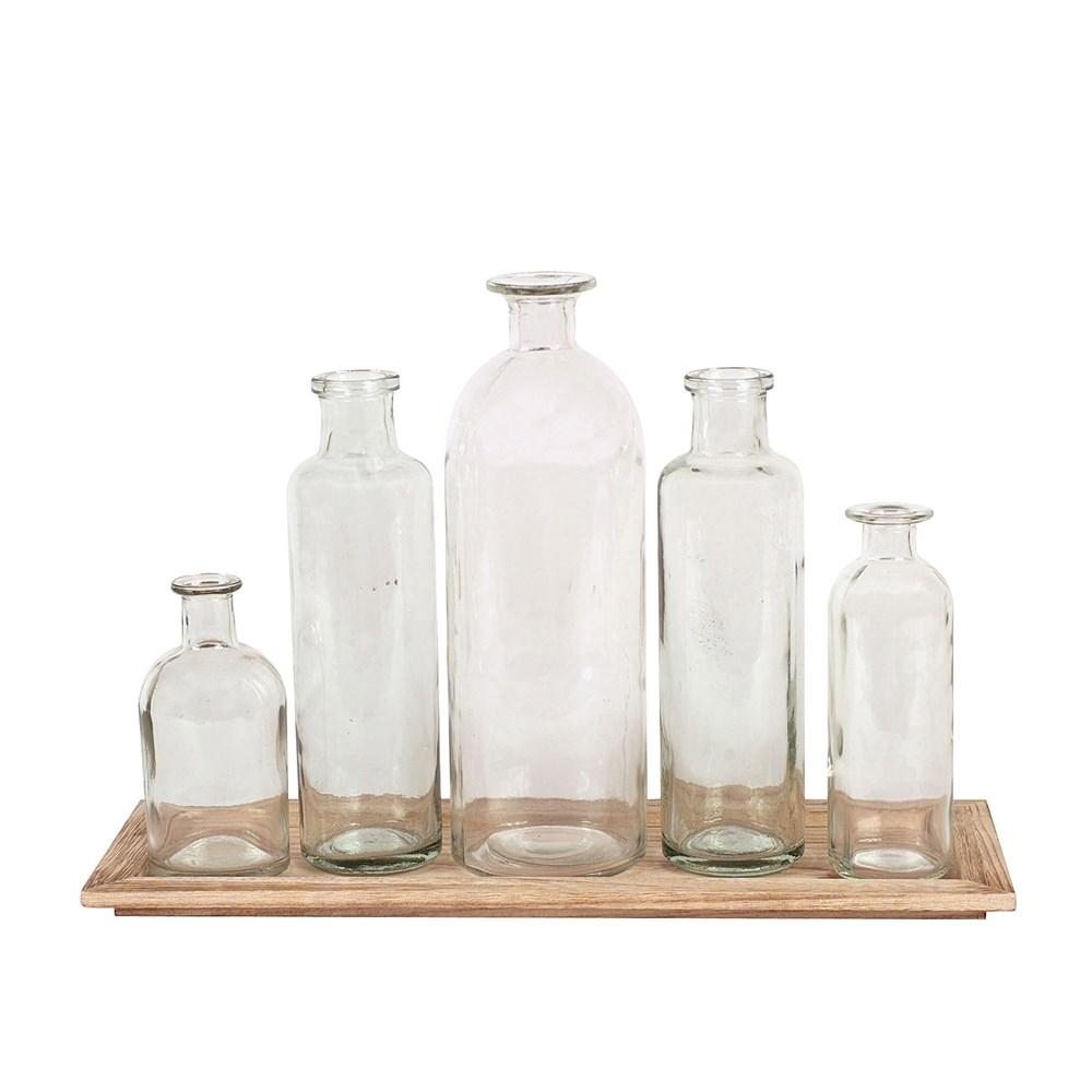 5 Glass Bottle Vases w/Wooden Tray Set
