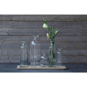 5 Glass Bottle Vases w/Wooden Tray Set