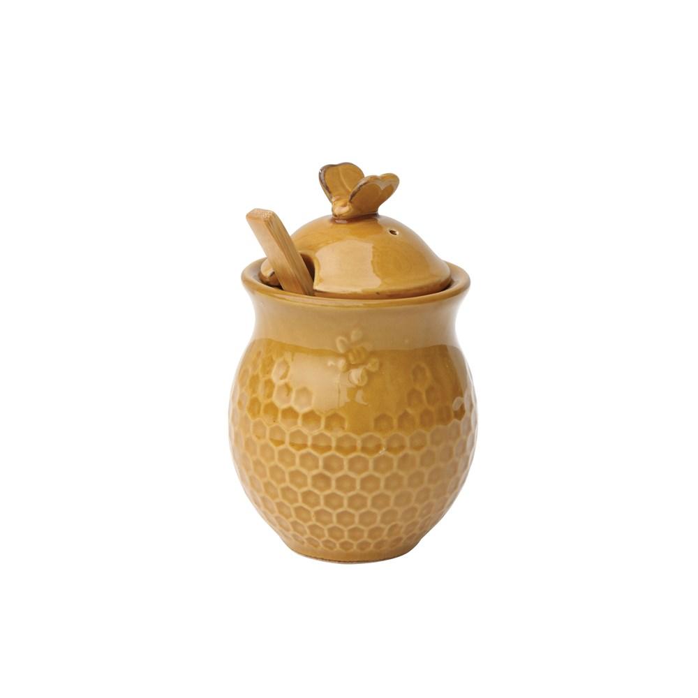 Gold Finish Ceramic Honeycomb Honey Jar w/Wood Honey Dipper