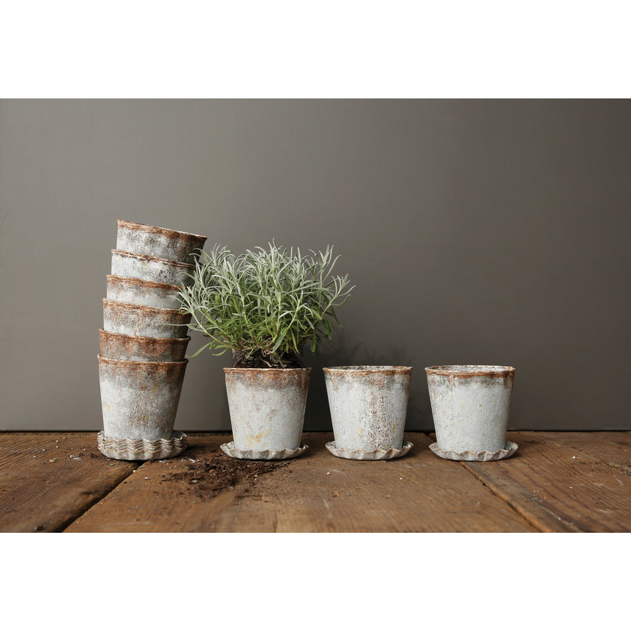 Distressed Zinc Finish Metal Planter w/Pleated Saucer