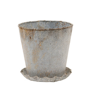 Distressed Zinc Finish Metal Planter w/Pleated Saucer