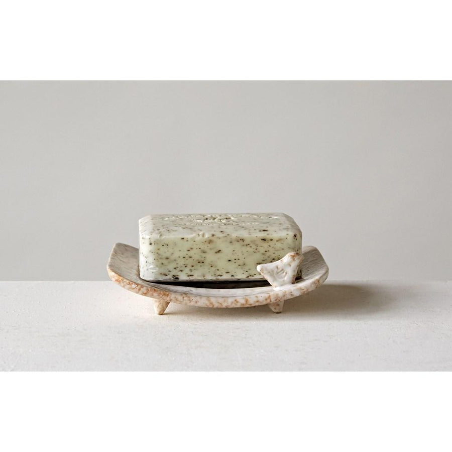 White Stoneware Soap Dish w/Bird