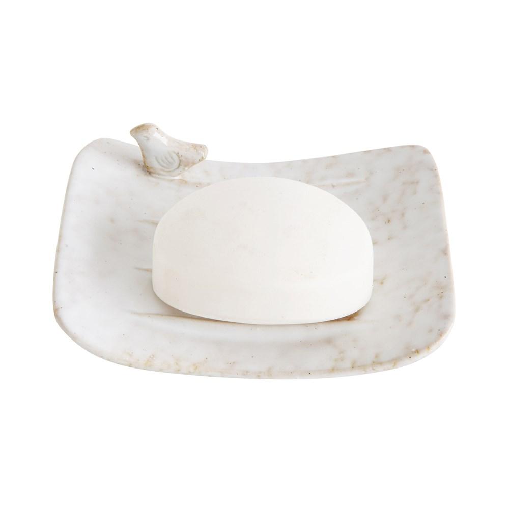 White Stoneware Soap Dish w/Bird