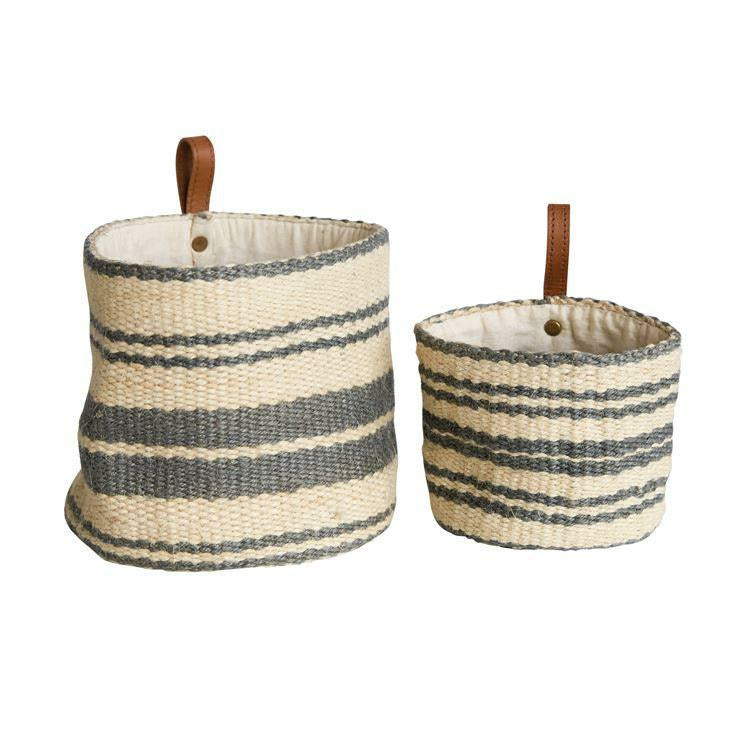 Gray Jute Wall Baskets w/ Leather Loop