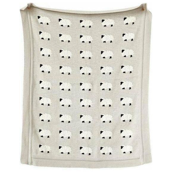 Grey Cotton Knit Blanket w/ Sheep