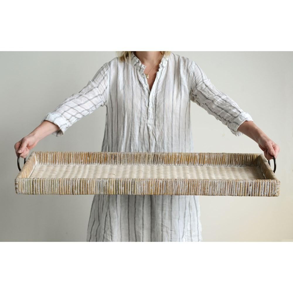 Rectangle Rattan Tray w/Metal Handles