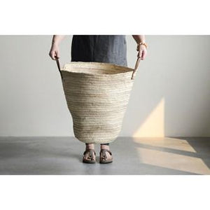 Hand-Woven Moroccan Oversized Basket w/Leather Handle