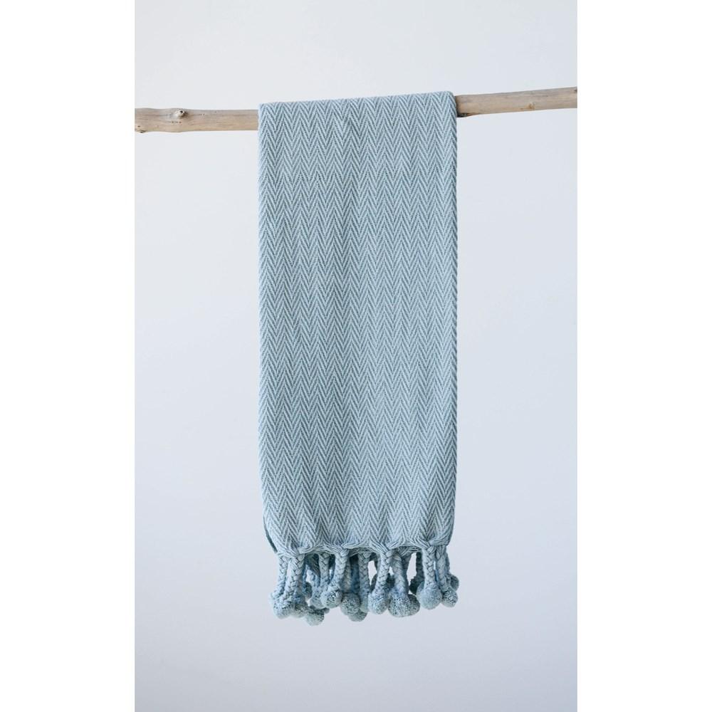 Aqua Cotton Throw w/ Braided Pom Poms