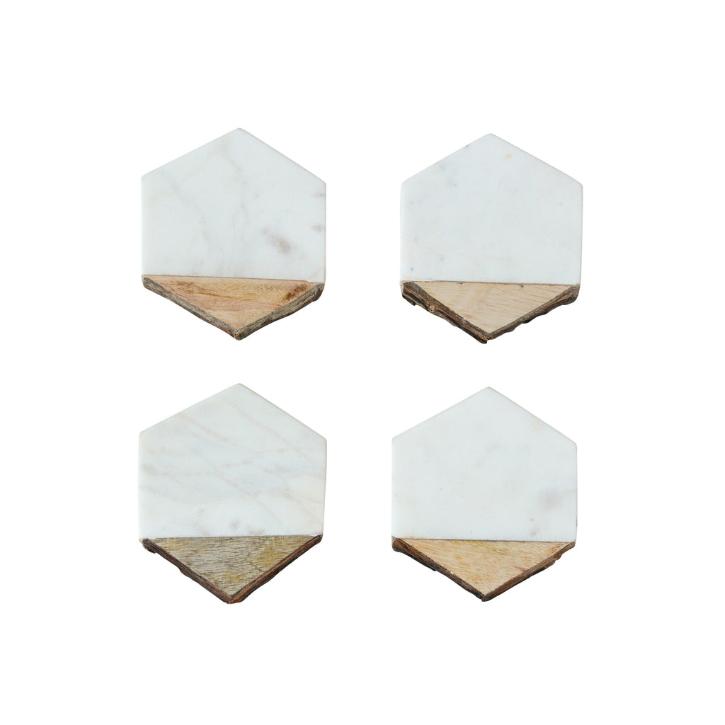 S/4 Hexagon White Marble & Mango Wood Coasters w/Bark Edge