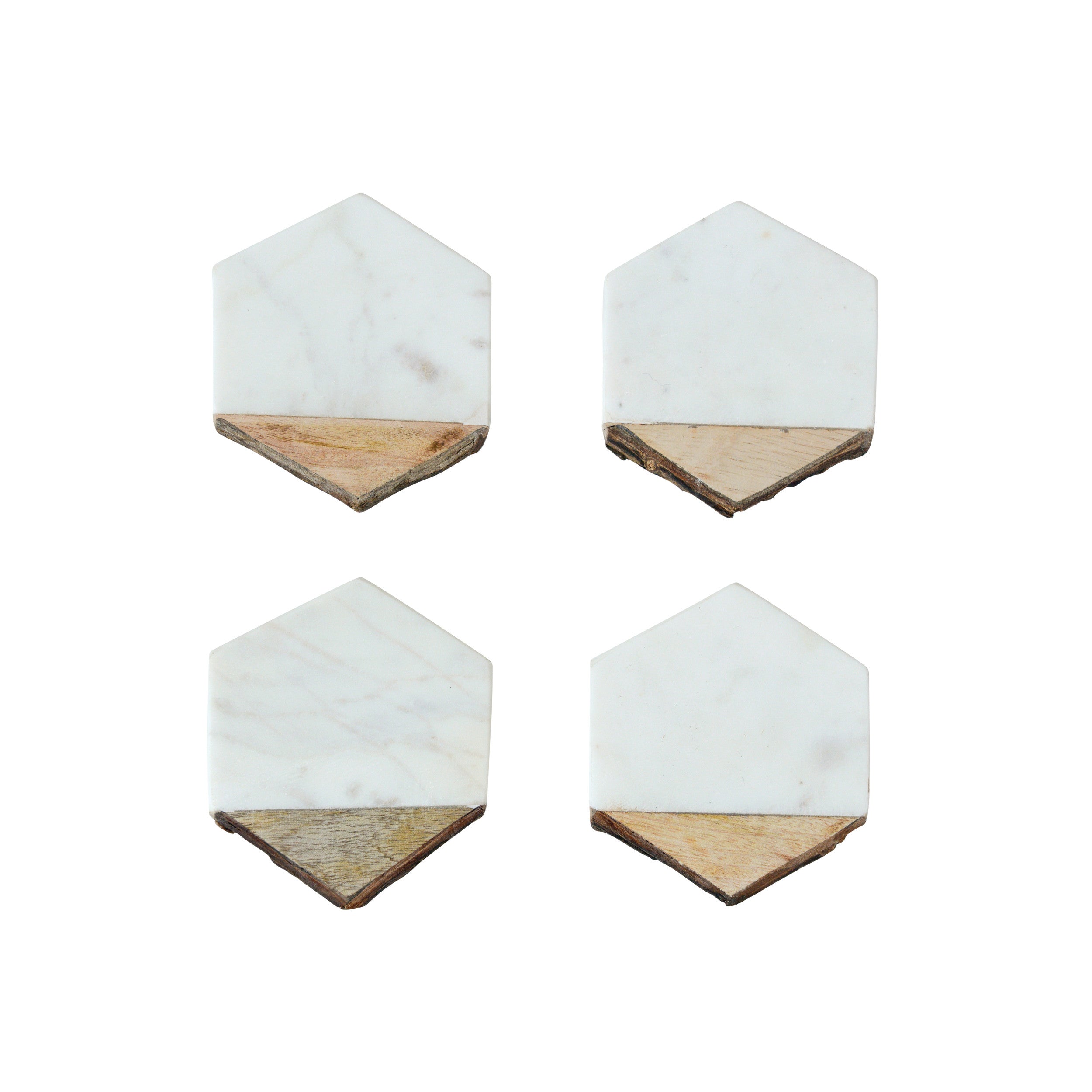 S/4 Hexagon White Marble & Mango Wood Coasters w/Bark Edge