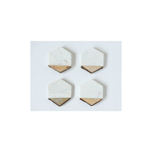 S/4 Hexagon White Marble & Mango Wood Coasters w/Bark Edge