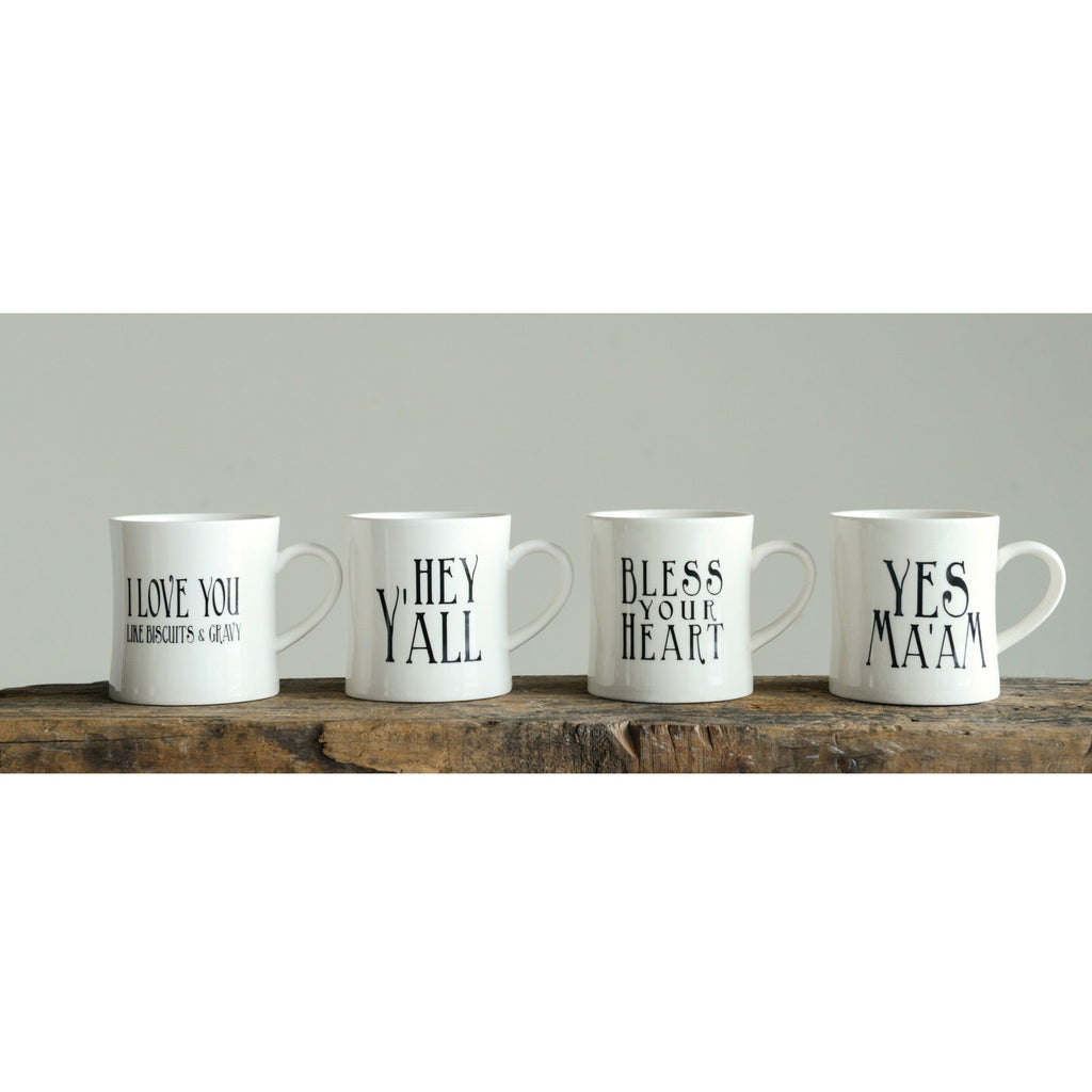 White Stoneware Mugs w/Southern Sayings