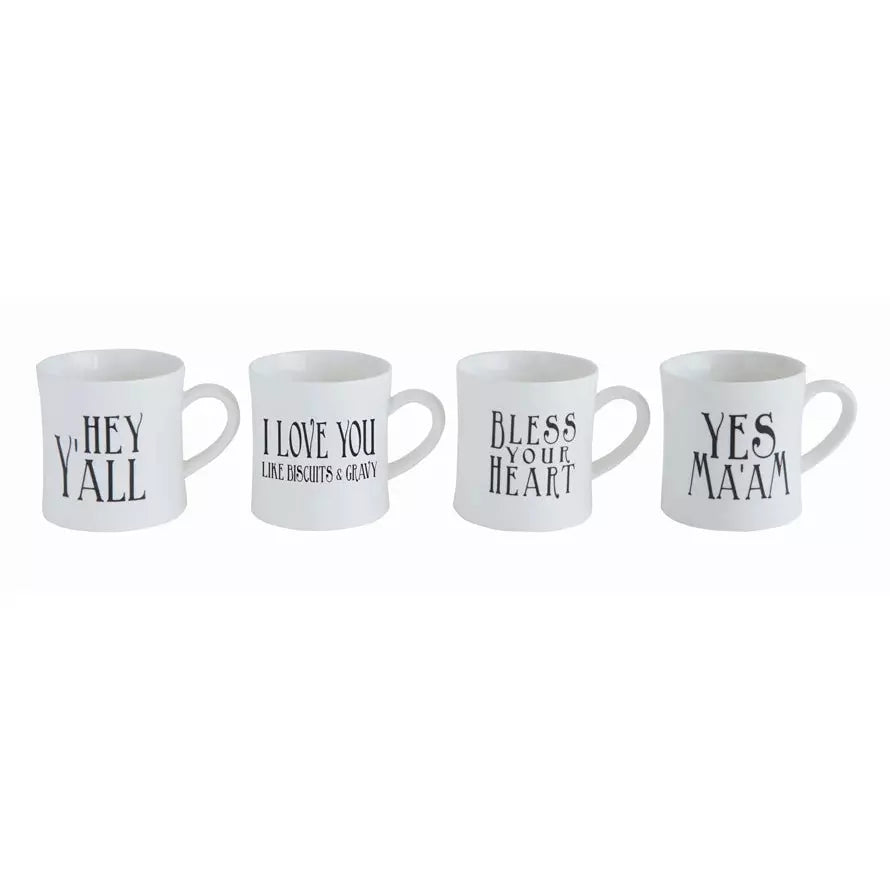 White Stoneware Mugs w/Southern Sayings