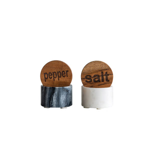 White & Black, Marble Salt & Pepper Pots w/Wood Lids