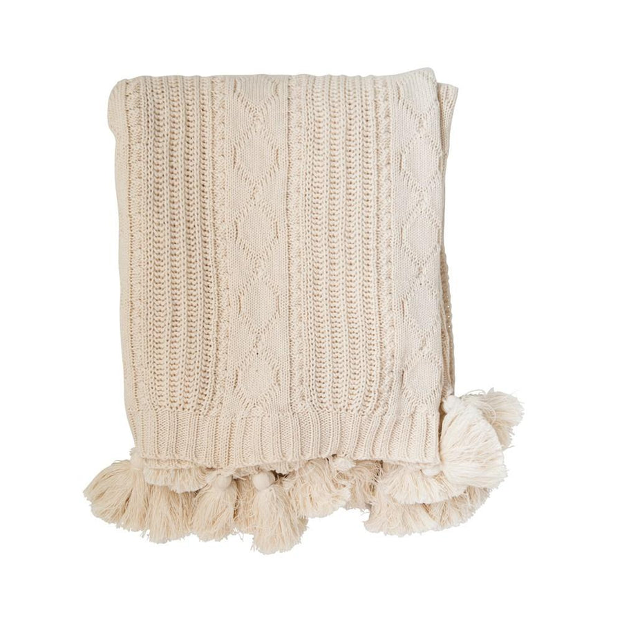 Natural Color Cotton Knit CableThrow w/ Tassels