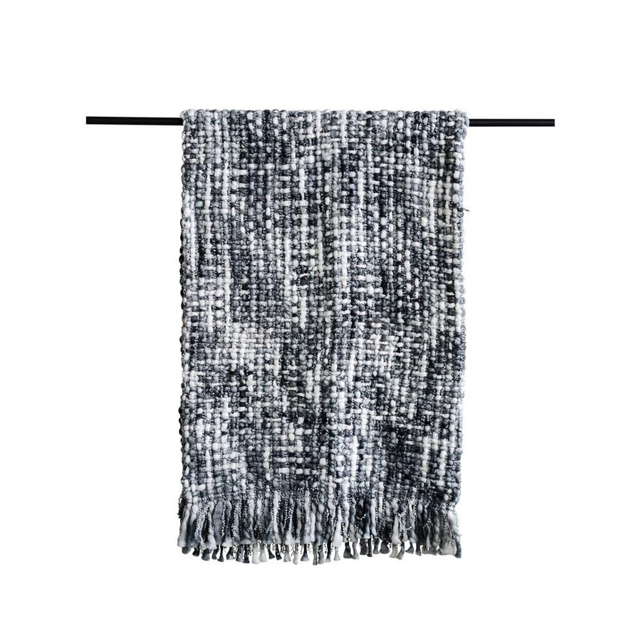 Grey & White Chunky Knit Acrylic Throw w/Fringe