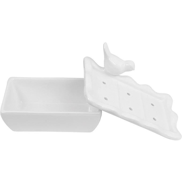 White Ceramic Soap Dish w/Removable Tray w/Bird