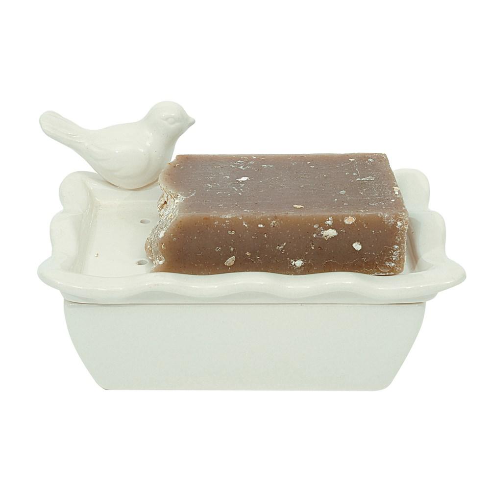 White Ceramic Soap Dish w/Removable Tray w/Bird