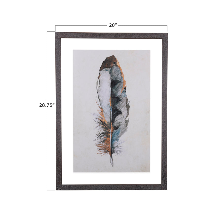 Wood Framed Glass Wall Decor w/Feather