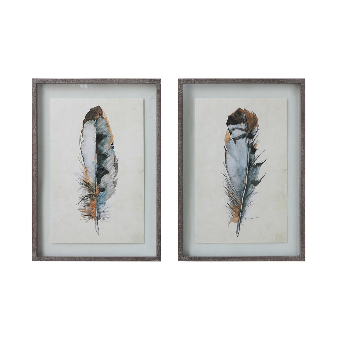 Wood Framed Glass Wall Decor w/Feather